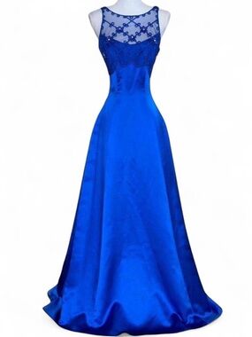 Royal Blue Evening Gown with Sheer Embroidered Bodice